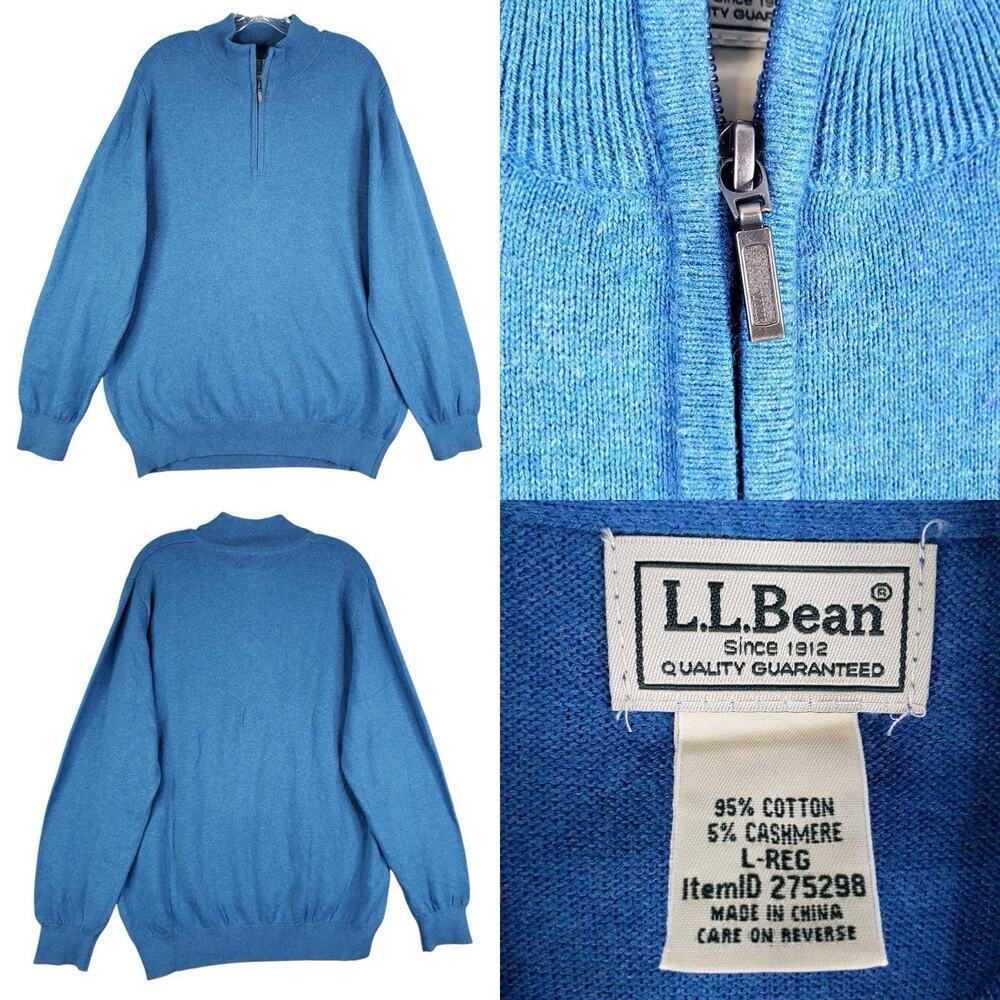 LL Bean Sweater Cotton Pullover Quarter Zip Men’s Size Large L Blue Knit